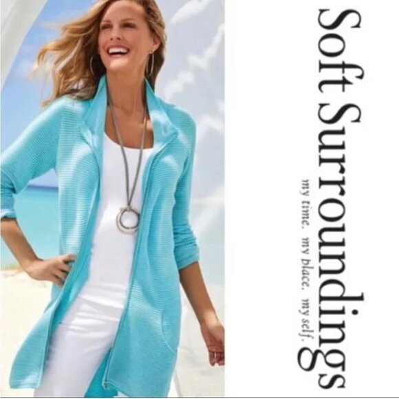 Soft Surroundings Blue White Corcovado Ribbed Full Zip Sweater Jacket L - Picture 1 of 11